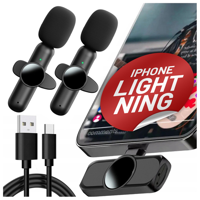 Wireless Microphone 2x Set - Lightning to iPhone, Noise Cancelling, Lightweight Design, Range Up to 20 Meters - 2x Lapel Microphone with Fur Cover, Phone Receiver - Alogy DualVoice™ Black