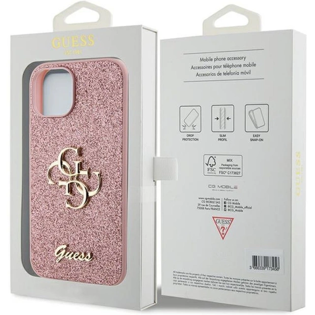 Originálne puzdro GUESS Hardcase GUHCP15SHG4SGP pre iPhone 15 (Fixed Glitter Big 4G / ružové)
