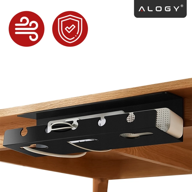 Organizér na káble 2 v 1 pod stôl a na stenu, 40 cm, s lepiacim pásikom pre udržanie poriadku na stole, Alogy CableHold™ – čierny