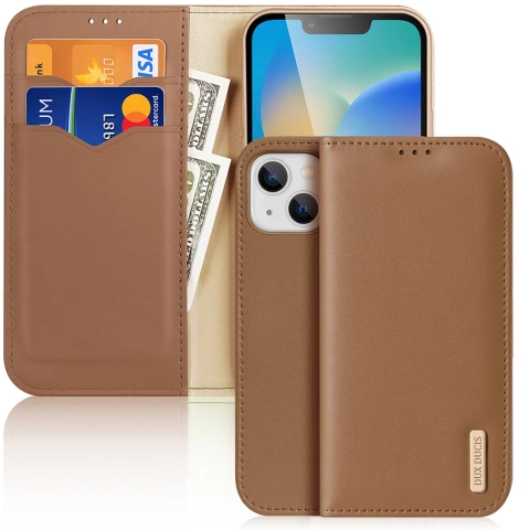 Dux Ducis Hivo leather flip case genuine leather wallet for cards and documents iPhone 14 brown