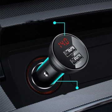 Baseus Autoladegerät 2x USB 4.8A 24W mit LCD Kabel 3in1 USB - USB Type C / Micro USB / Lightning 1.2m schwarz (TZCCBX-0G)