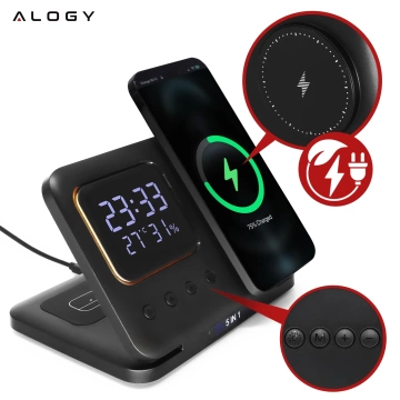 WIRELESS FAST CHARGING STATION 5-in-1 LED CLOCK 15W USB-C to MagSafe for Apple iPhone Watch AirPods with clock and hygrometer Black