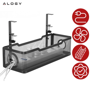 Organizér na káble pod stolovú dosku, polica na káble, káblové lišty, stolová doska, kovový stôl, Alogy 34cm Čierna
