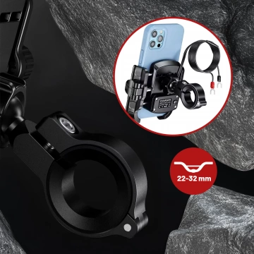 Držák na telefon Kewig na motorku s rychlým nabíjením 36W USB-C PD na řídítka a zrcátko, 360° otáčení, kompatibilní s telefony 5,4–7" - černý