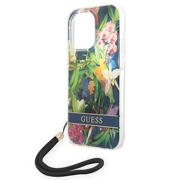 Etui Guess GUOHCP14LHFLSB do Apple iPhone 14 Pro 6,1" černé/modré pevné pouzdro Flower Strap