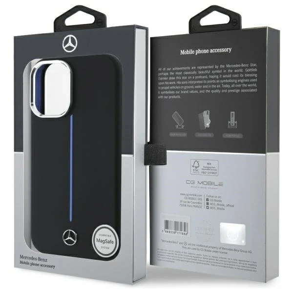 Чохол Mercedes для iPhone 16 6.1" Black MagSafe Hardcase Silicone Blue Stripe