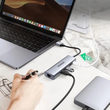 Ugreen CM266 USB-A 3.0 RJ45 Adapter 3x USB-A micro USB Hub 5in1 Gray