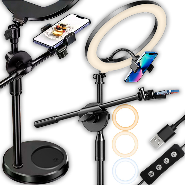 Ring LED ring lamp 10" 2x phone holder standing tripod on desk with adjustable frame Alogy Black