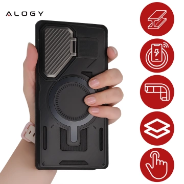 Pouzdro pro Samsung Galaxy S25 Ultra s vyztuženou pancéřovanou ochranou objektivu MagSafe s funkcí stojánku, ochranné pouzdro pro telefon Alogy HeavyDuty Mag™️černé