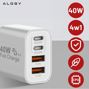 Ładowarka sieciowa 40W 2x USB 2x USB-C Alogy Super Fast Charger Szybkie ładowanie PowerDelivery PD Biała