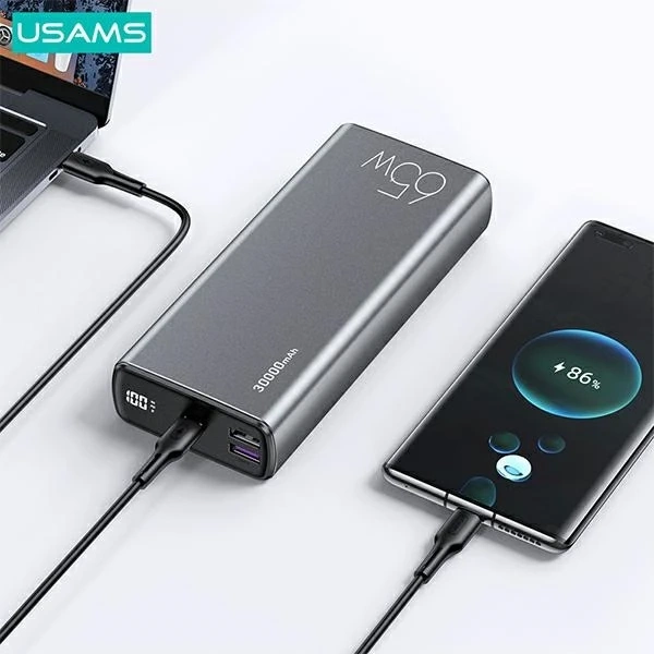 USAMS Powerbank PB59 30000mAh 65W 2xQC3.0 PD Fast Charge czarny/black CMXLOGTC01 (US-CD165) kabel USB-C-USB-C