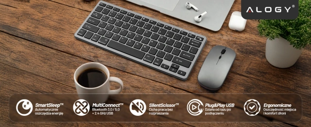 Zestaw bezprzewodowy klawiatura + mysz – Bluetooth i USB 2.4 GHz, cicha praca, smukły i ergonomiczny design, Plug & Play, do biura i Home Office – Alogy KeyMouse™