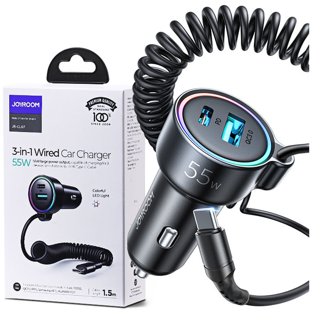 Rýchla autonabíjačka Joyroom 3 v 1 s káblom USB typu C 1,5 m 55 W čierna (JR-CL07)