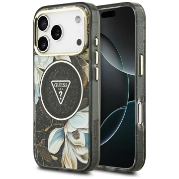 Etui Guess MagSafe do iPhone 17 Pro IML Glitter Flowers Triangle Black