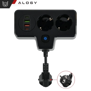 Alogy Plug Extender zásuvka splitter splitter adaptér predlžovací kábel 2x EU zástrčka 2x USB 2x USB-C Čierny