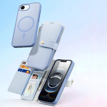 Etui skórzane do iPhone 16e Dux Ducis Lawa z portfelem MagSafe błękitne