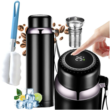 Thermos bottle thermal water bottle 800ml for coffee tea yerba mate LED strainer string Alogy display Black Washing brush
