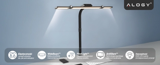 Lampa Biurkowa LED Kreślarska do Monitora ze Składaną Konstrukcją, Regulowaną Jasnością i Pełnym Spektrum Światła, z Mocowaniem do Blatu, Ochrona Oczu, Alogy DeskPro™