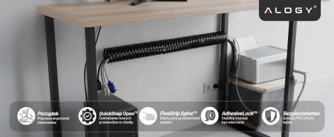 Pružinový organizér kabelů pod stůl – flexibilní samolepicí kryt na kabely 50×4 cm – Alogy CableStrip™ Black