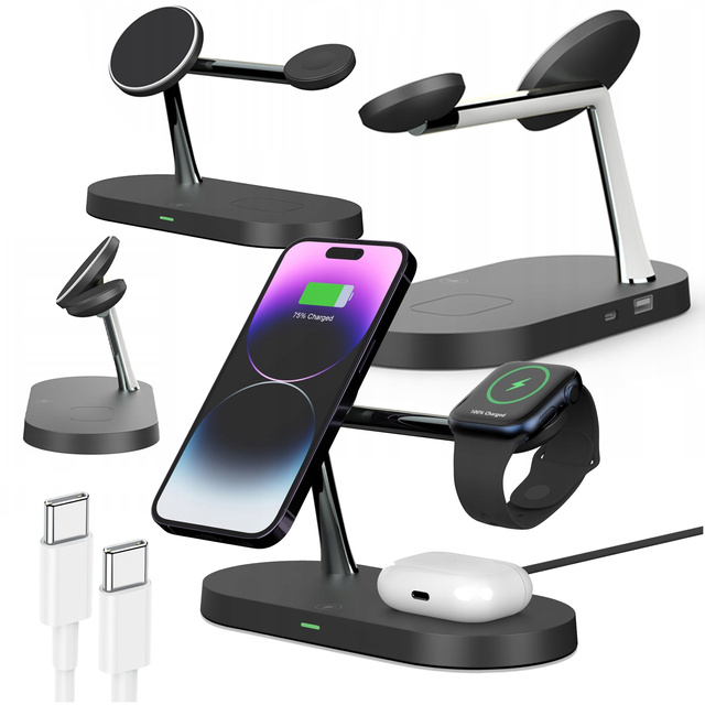 Qi Mag Safe 15W indukčná nabíjačka pre iPhone Apple Watch AirPods bezdrôtová dokovacia stanica 5v1 čierna