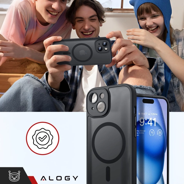 Skleněné pouzdro pro Apple iPhone 15 Alogy MagSafe Hybrid Matte Case Matný kryt s ochranou objektivu černý