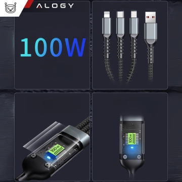 120cm nabíjecí kabel Alogy 3v1 pro rychlé nabíjení 100W USB na USB-C Micro Lightning, černý