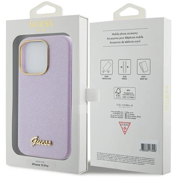 Etui Guess GUHCP15XPGMCSL pro iPhone 15 Pro Max 6,7" liliově/lila pevný obal Glitter Glossy Script
