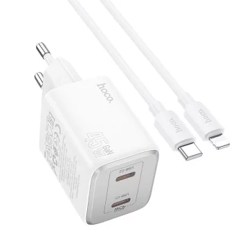 Ładowarka sieciowa HOCO 2 x Typ C + kabel Typ C do Lightning PD QC 45W GaN Biała