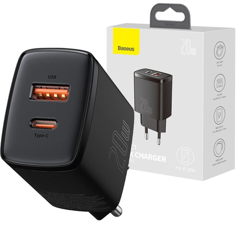 Baseus USB PD QC 3.0 20W Černá nástěnná nabíječka