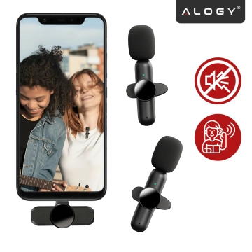 Mikrofon Bezprzewodowy 2x Zestaw - USB-C, redukcja szumu, lekka konstrukcja, zasięg do 20 metrów - 2x Mikrofon Krawatowy z Futerkową Osłoną, Odbiornik do telefonu - Alogy DualVoice™ Czarny