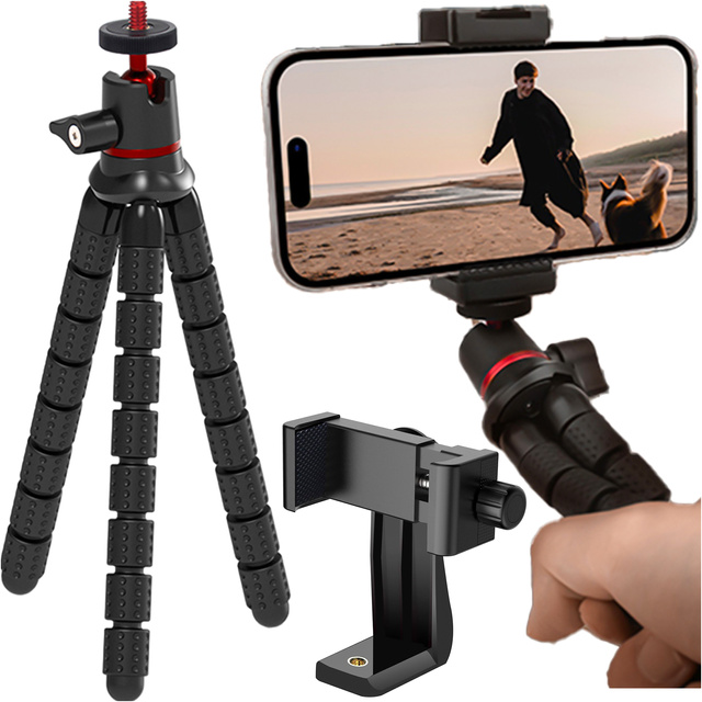 Elastyczny statyw do zdjęć mini tripod giętki na aparat kamerę telefon 1/4" trójnóg Octopus czarny + uchwyt do telefonu