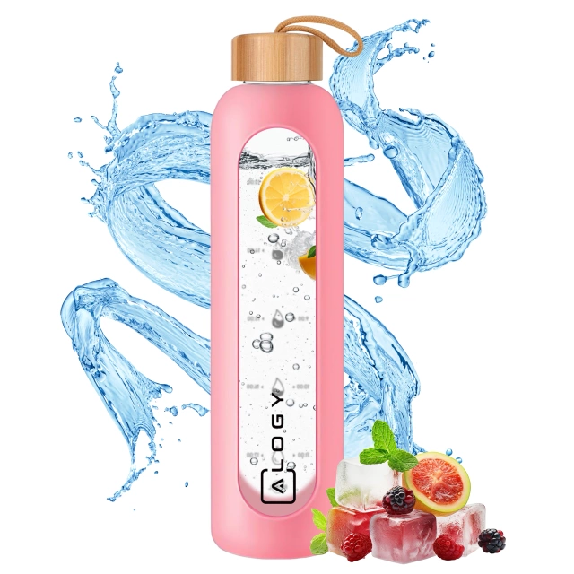 Große Glasflasche Trinkflasche Alogy Motivational Messbecher 1l 1000ml Silikonhülle Pink