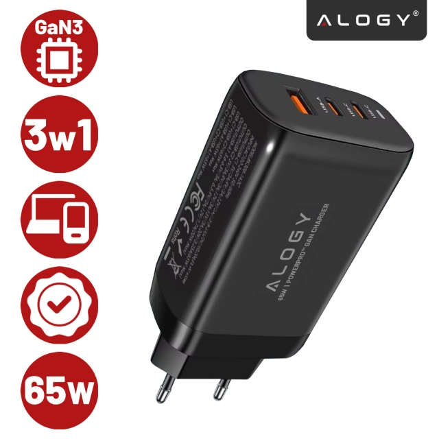 Ładowarka Sieciowa Szybka 3w1 do telefonu do Samsung do iPhone GaN3 65W PD i QC, Porty 2x USB-C 65W + USB-A 30W, Alogy GaNCharge Compact™ – Czarna