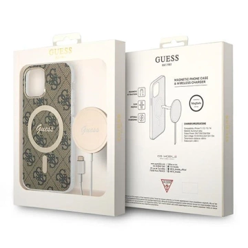 Zestaw Guess GUBPP12MH4EACSW Nabíjačka puzdra iPhone 12/12 Pro brązový/hnedý pevný obal 4G MagSafe Print