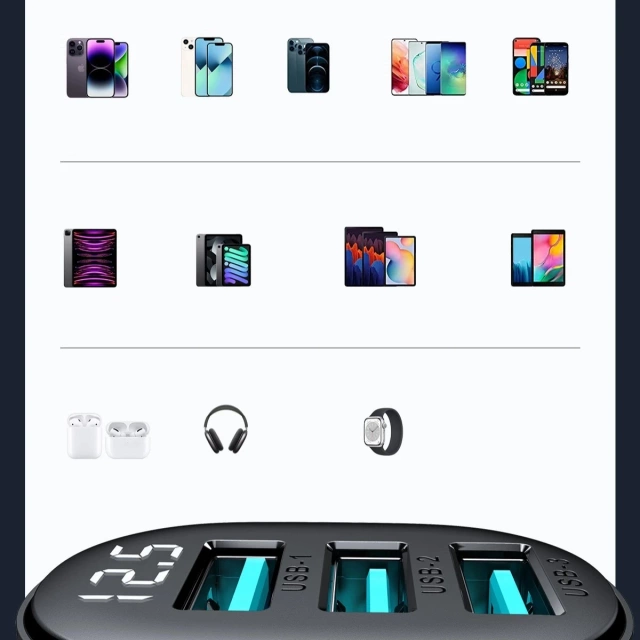 Joyroom JR-CCD03 Autoladegerät 3x USB-A 17W mit Display – Schwarz