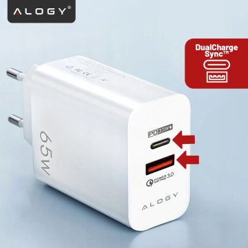 Ładowarka sieciowa USB-A + USB-C – szybkie ładowanie QC 3.0 i PD 33W 65W, kompaktowa, uniwersalna do telefonu i laptopa – Alogy GaN PowerCharge™ Biała