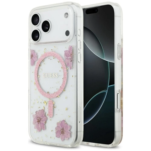 Etui Guess MagSafe do iPhone 17 Pro Max Resin Flowers Glitter Pink