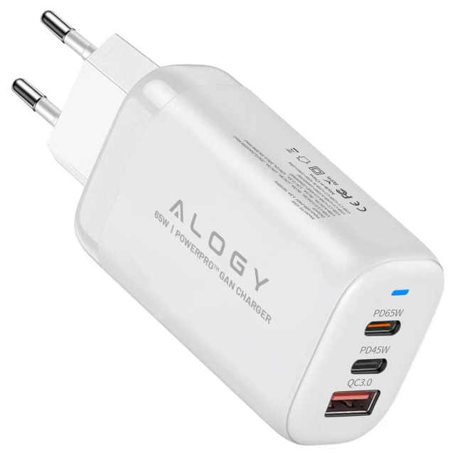 Ładowarka Sieciowa Szybka 3w1 do telefonu samsung iphone GaN3 65W PD i QC, Porty 2x USB-C 65W + USB-A 30W, Alogy GaNCharge Compact™ – Biała