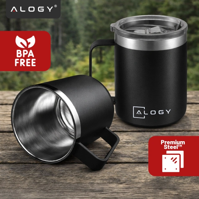 Thermal mug 420 ml with a handle and lid for coffee, tea, steel, cold and hot drinks, Alogy Black
