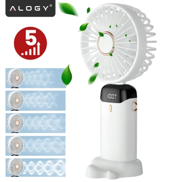 Bezdrôtový prenosný stolný ventilátor Alogy CoolBreeze™ s držiakom na telefón, nabíjaním cez USB-C a batériou 18650 – biely