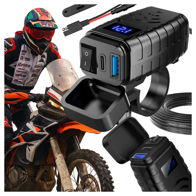 Alogy MotoCharge Pro™ Motorcycle Charger with Display, 36W PD QC 3.0 Fast Charging, USB-A and USB-C Ports, Waterproof and Rugged, Black