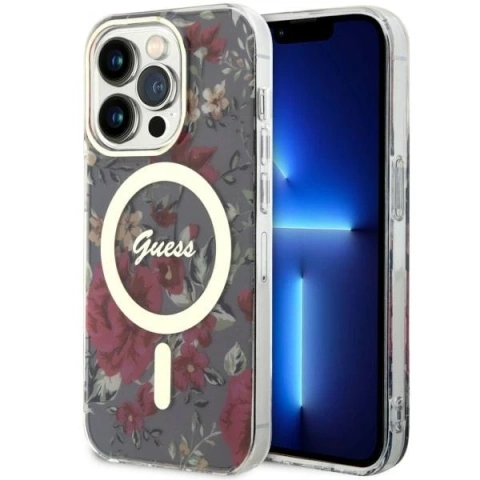 Guess GUHMP14LHCFWSA pouzdro na telefon pro Apple iPhone 14 Pro 6,1" zelené/khaki pevné pouzdro Flower MagSafe