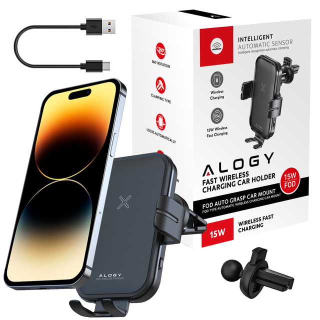 Alogy Fast Charging car holder with 15W inductive Qi charger automatic for the car on the grid fast charging black