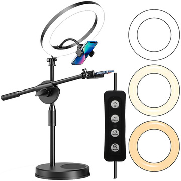 Kruhová LED kruhová lampa 10" 2x držák telefonu stojící stativ na stole s nastavitelným rámem Alogy Black