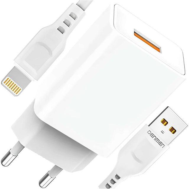 USB-Wandladegerät USB - Lightning-Kabel für iPhone 1 m schnell 2,4 A 12 W Denmen Weiß