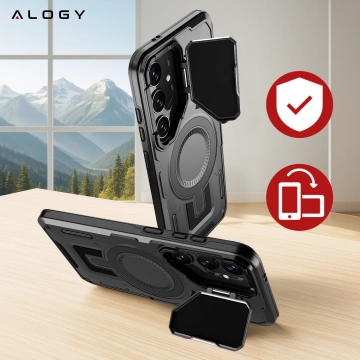 Samsung Galaxy S25 Plus Schutzhülle mit MagSafe-Verstärkung, verstärktem Linsenschutz und Standfunktion, Alogy HeavyDuty Mag™️ Schwarz