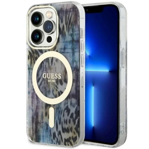 Sada na telefon Guess GUHMP14XHLEOPWB pro Apple iPhone 14 Pro Max 6,7" černý/modrý pevný obal Leopard MagSafe