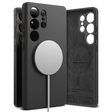 Silikónový kryt pre Samsung Galaxy S25 Ultra, čierny, s magnetickým krúžkom, MagSafe.