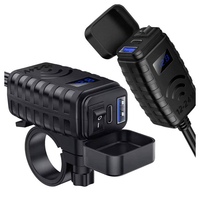 Alogy MotoCharge Pro™ Motorcycle Charger with Display, 36W PD QC 3.0 Fast Charging, USB-A and USB-C Ports, Waterproof and Rugged, Black