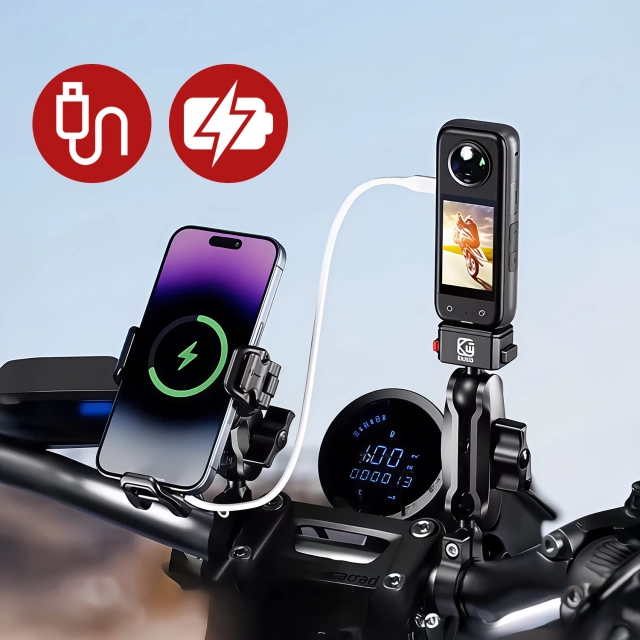 Uchwyt Motocyklowy na kierownicę KEWIG M33-A1 na telefon z ładowarką Qi 15W + PD 30W USB-C z systemem przeciwwstrząsowym na motor quada skuter Czarny